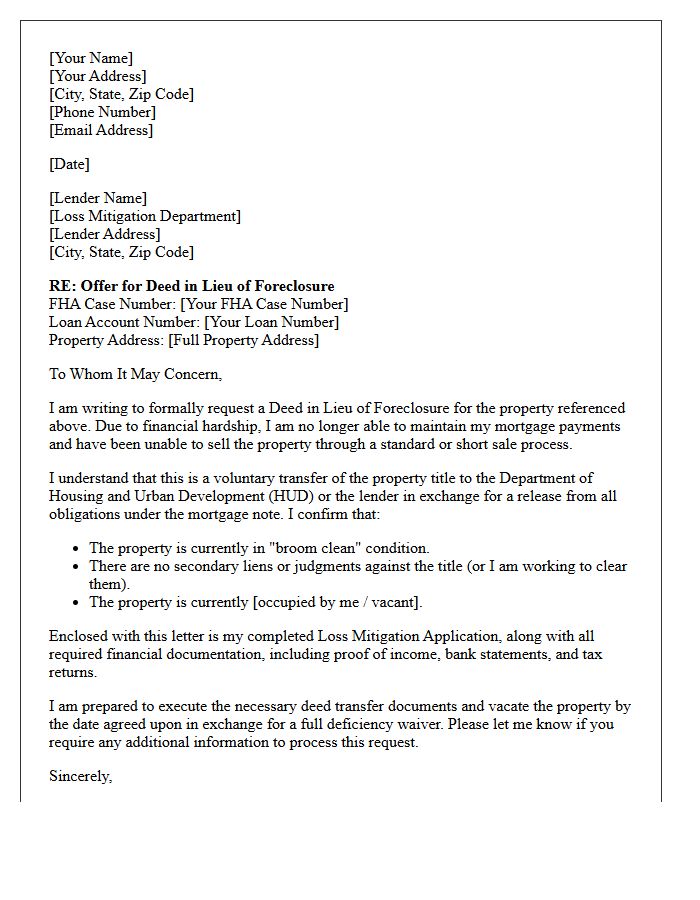 Federal Housing Administration Deed in Lieu of Foreclosure Offer Letter