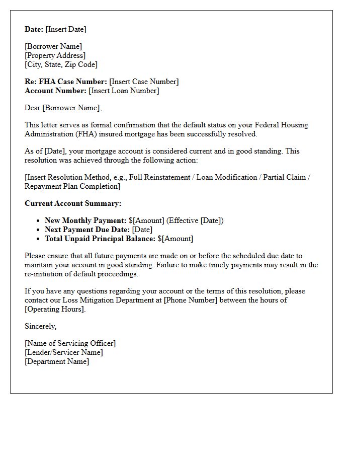 Federal Housing Administration Default Resolution Confirmation Letter