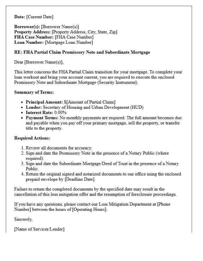 Federal Housing Administration Partial Claim Promissory Note Letter