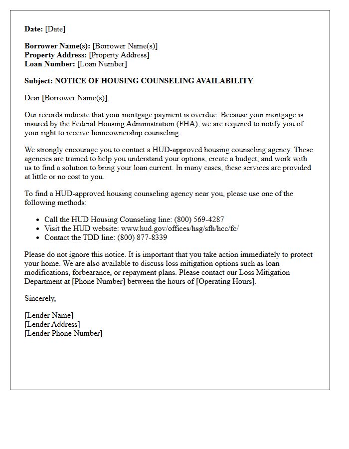 Notice of Federal Housing Administration Default Counseling Requirement Letter
