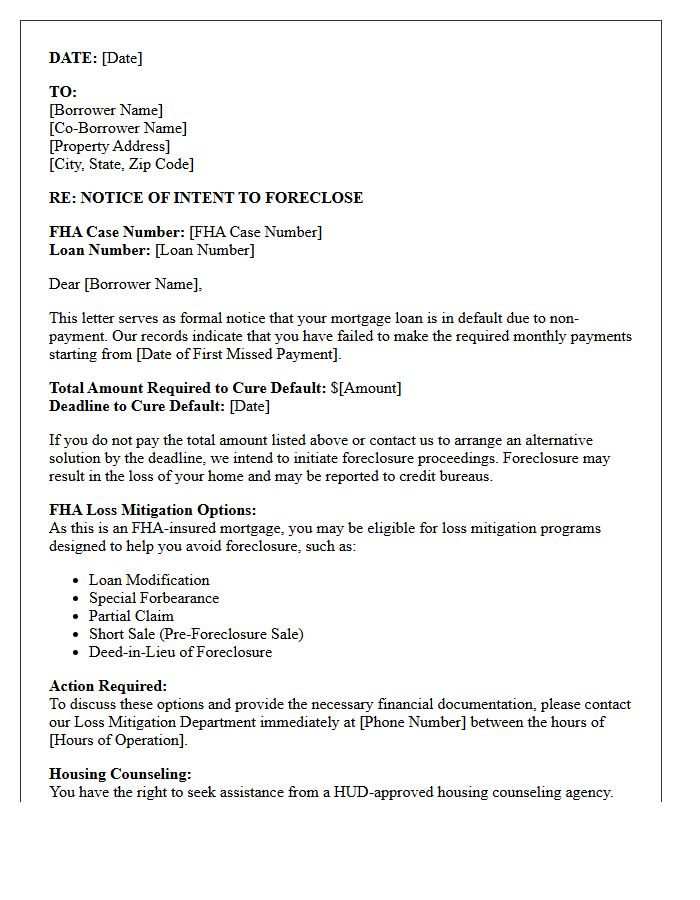 Notice of Intent to Foreclose Federal Housing Administration Mortgage Letter
