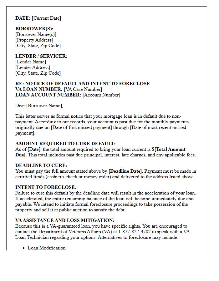 Letter of Default Notice and Foreclosure Intention for Veterans Affairs Mortgage