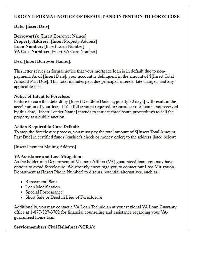Letter of Intention to Foreclose and Notice of Default for Veterans Affairs Loan