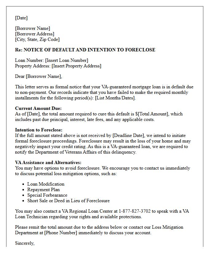 Letter Regarding Notice of Default and Intention to Foreclose on VA Loan