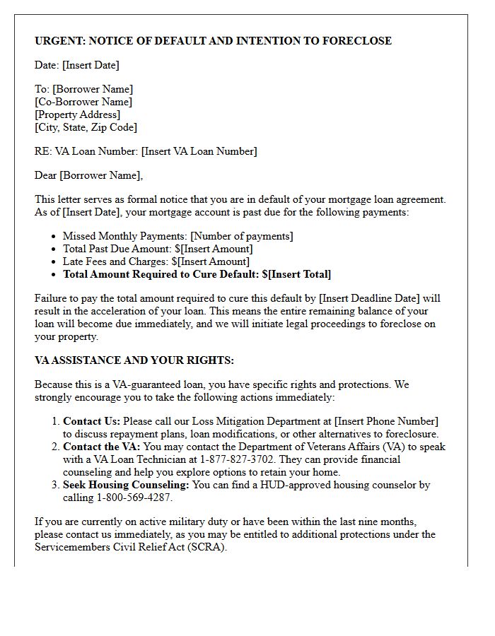 Notice of Default and Intention to Foreclose on Veterans Affairs Loan Letter