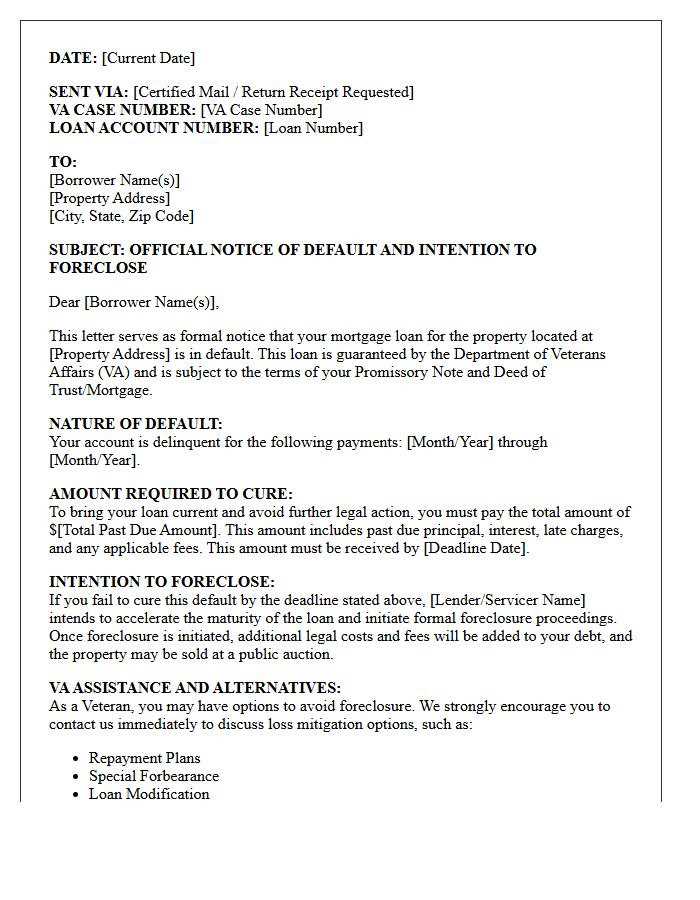 Official Letter of Notice of Default and Intention to Foreclose for Veterans Affairs Loan