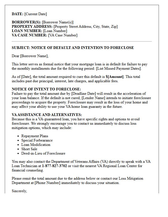 VA Loan Default Notice and Intention to Foreclose Letter