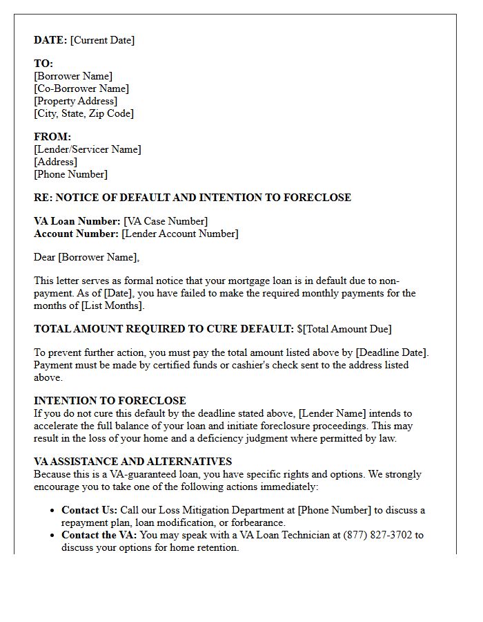 Veterans Affairs Home Loan Notice of Default and Foreclosure Intention Letter