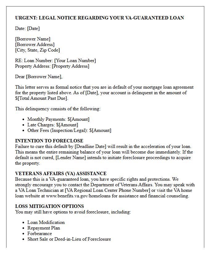 Veterans Affairs Loan Notice of Default and Intention to Foreclose Letter