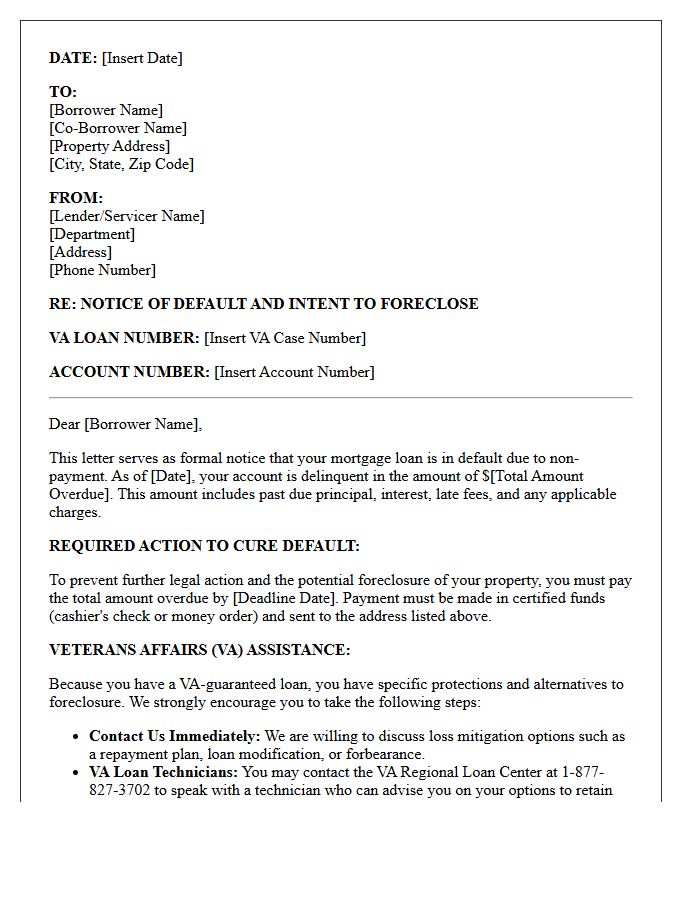 Veterans Affairs Loan Pre-Foreclosure Default Notice Letter