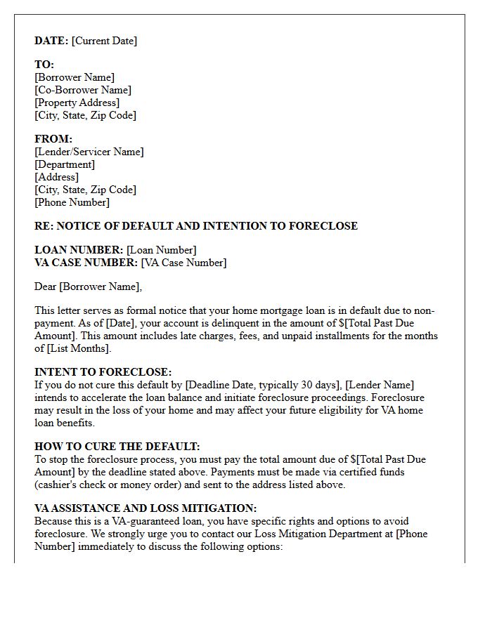 Veterans Affairs Mortgage Notice of Default and Foreclosure Intention Letter
