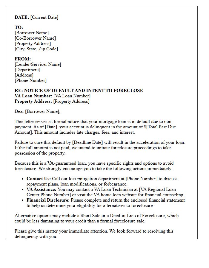 Veterans Affairs Residential Loan Default and Foreclosure Intention Letter