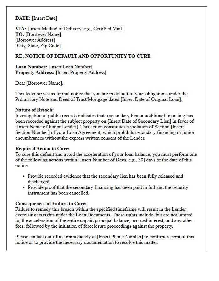 Borrower Cure Notice Letter for Breach of Secondary Financing Clause