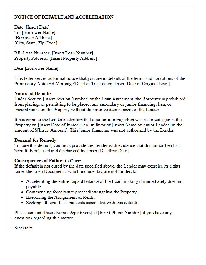 Commercial Mortgage Default Letter for Unapproved Junior Financing