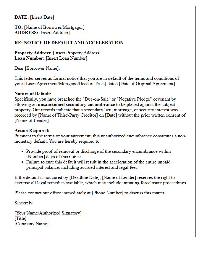 Default Declaration Letter for Unsanctioned Secondary Encumbrance