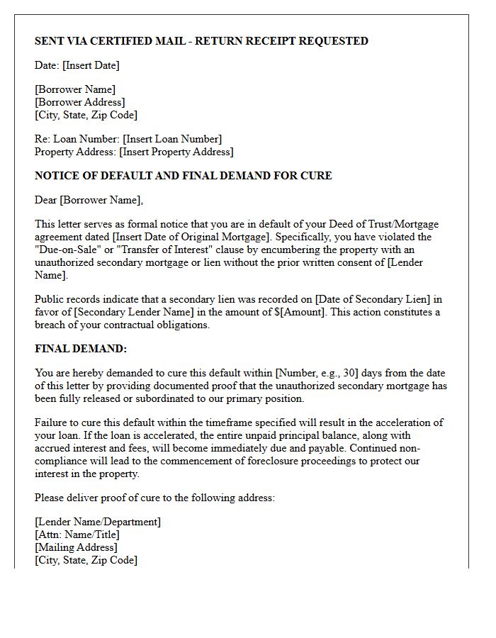 Final Demand Letter for Cure of Unauthorized Secondary Mortgage