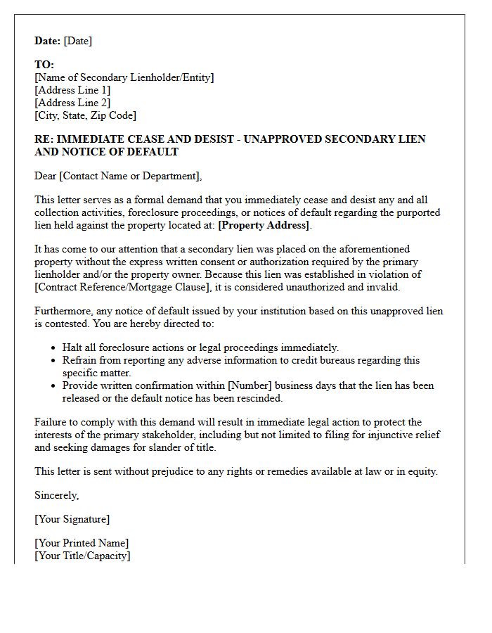 Immediate Cease and Desist Letter for Unapproved Secondary Lien Default