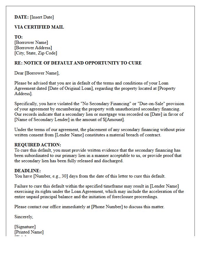Initial Notice of Default for Unauthorized Secondary Financing Letter