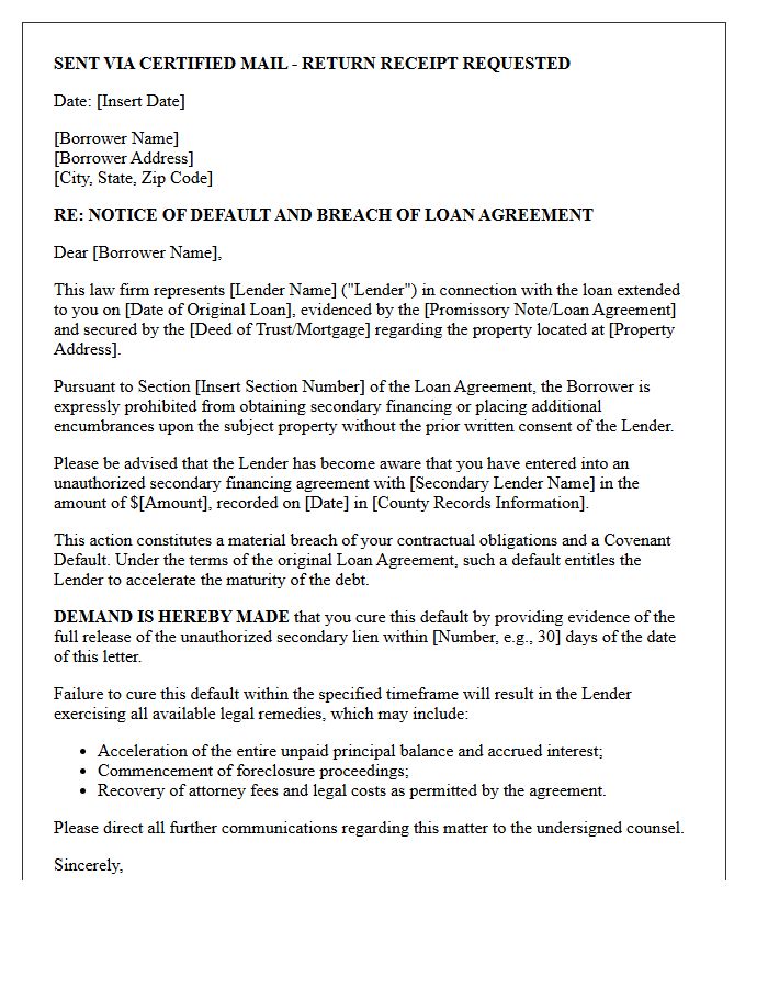 Legal Counsel Notice Letter for Unauthorized Secondary Financing Default