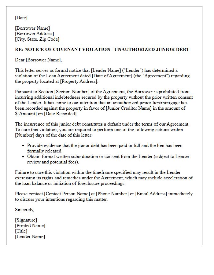 Notice of Covenant Violation Letter for Unauthorized Junior Debt