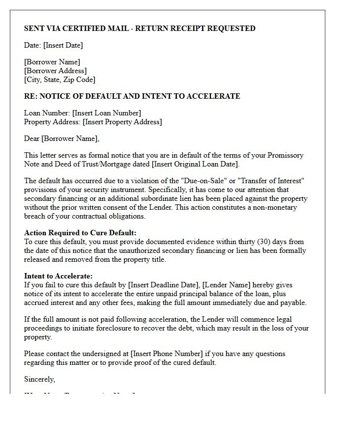 Notice of Default and Intent to Accelerate Due to Secondary Financing Letter