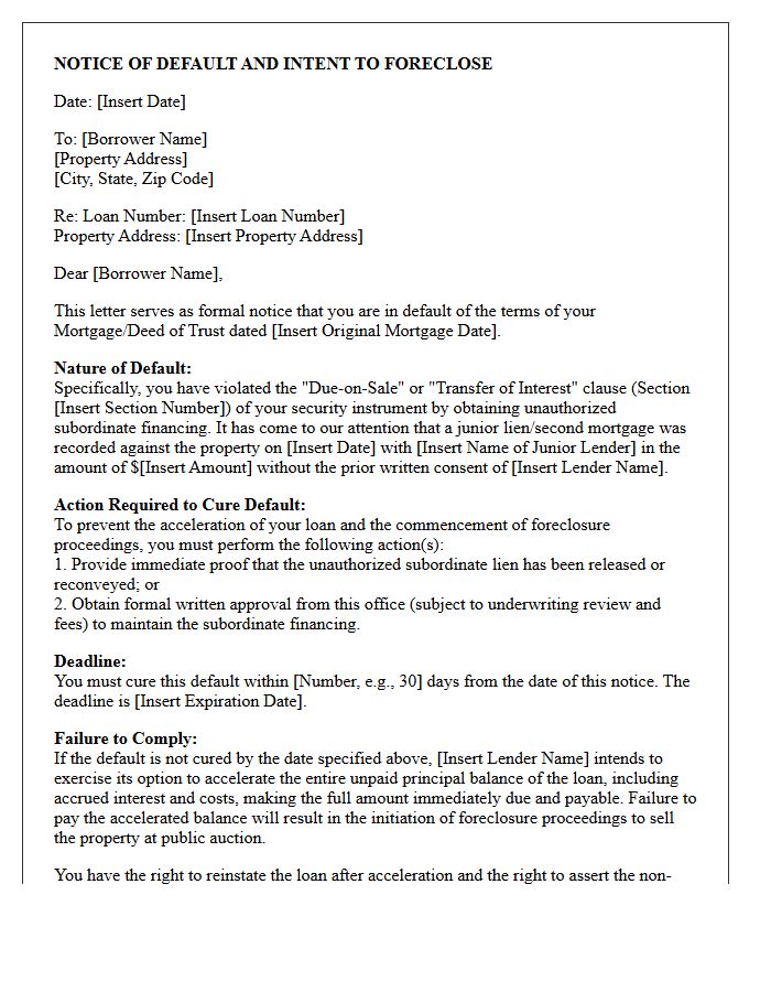 Pre-Foreclosure Notice Letter for Unauthorized Subordinate Financing