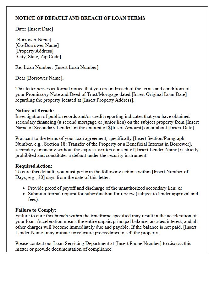 Residential Loan Breach Letter for Undisclosed Secondary Financing