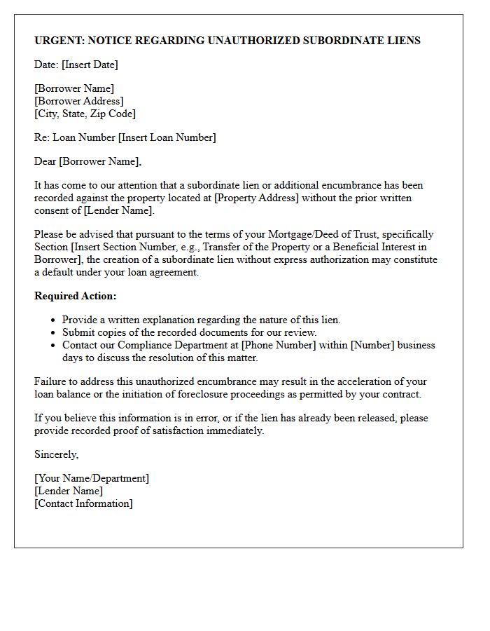 Urgent Warning Letter Regarding Unauthorized Subordinate Liens