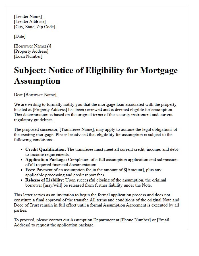 Assumption of Mortgage Eligibility Letter