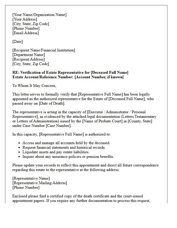 Estate Representative Verification Letter
