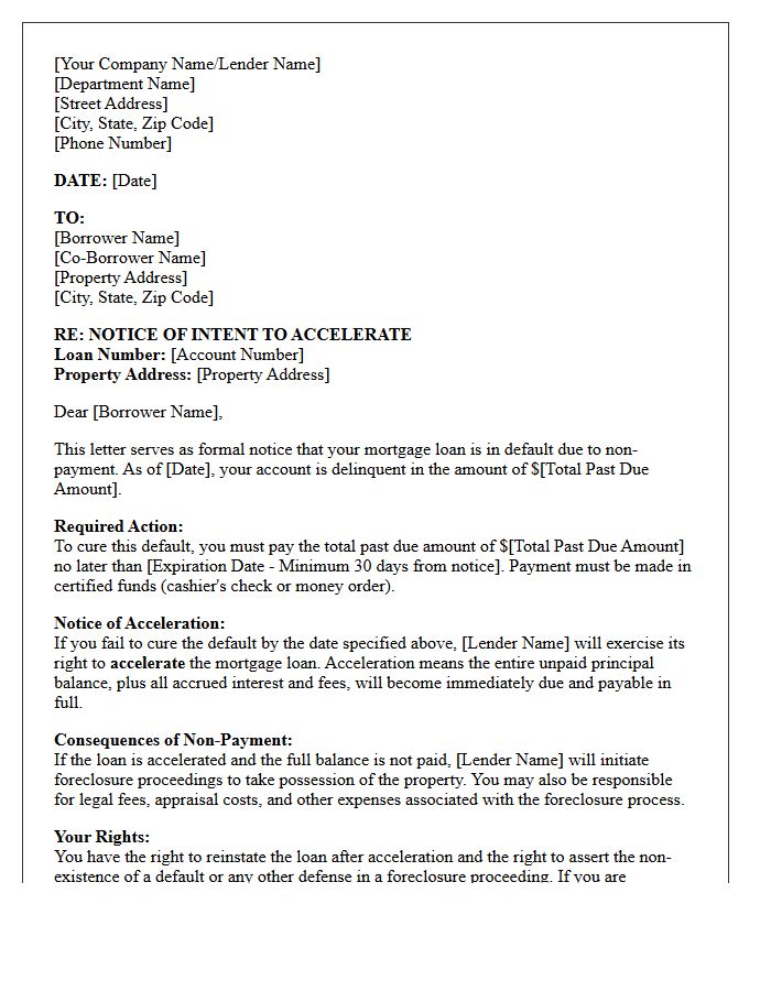 Mortgage Debt Acceleration Warning Letter