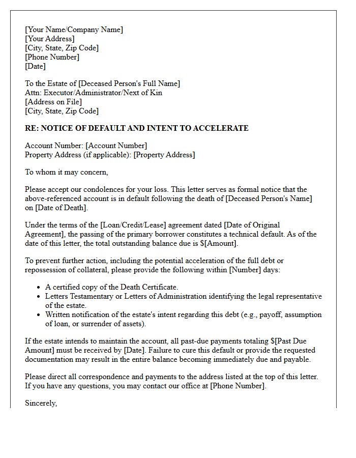 Notice of Default Due to Death Letter