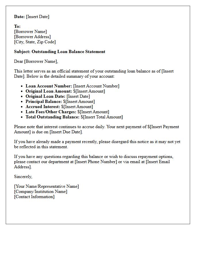 Outstanding Loan Balance Statement Letter