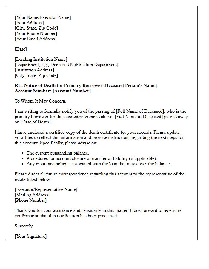 Primary Borrower Death Notification Letter