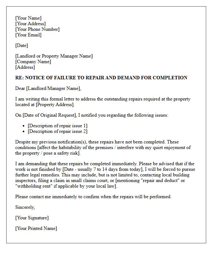 Demand For Immediate Completion Of Property Repairs