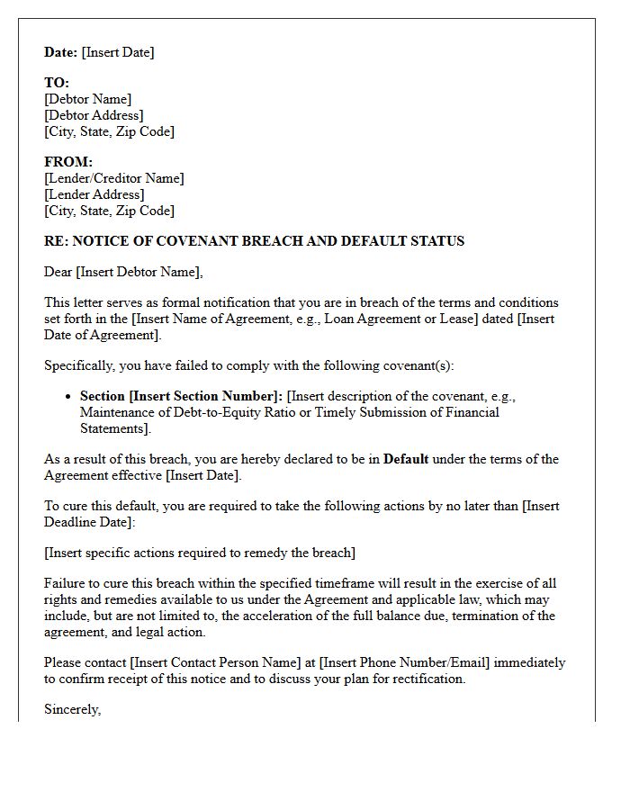 Notification Of Covenant Breach And Default Status