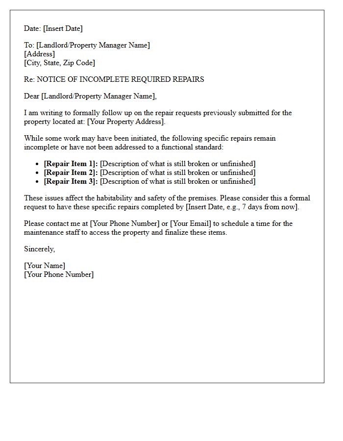 Specific List Of Incomplete Required Property Repairs