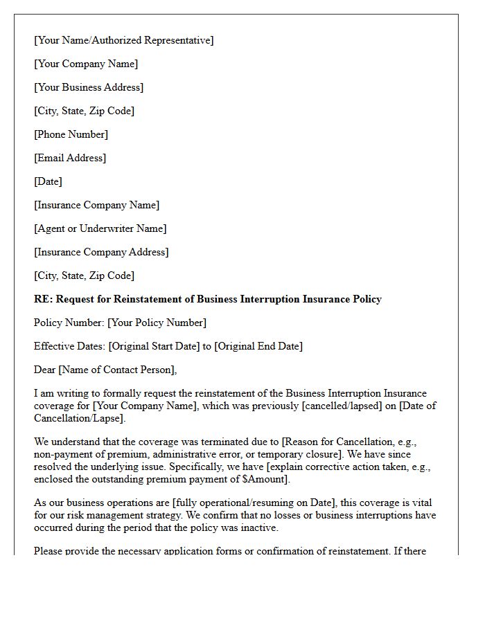 Business Interruption Insurance Reinstatement Application Request Letter