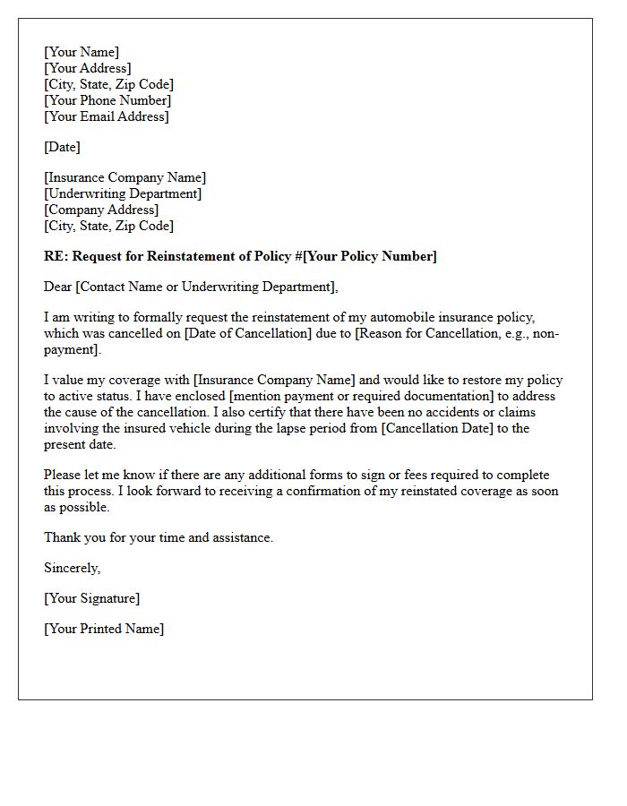 Cancelled Auto Insurance Reinstatement Application Request Letter