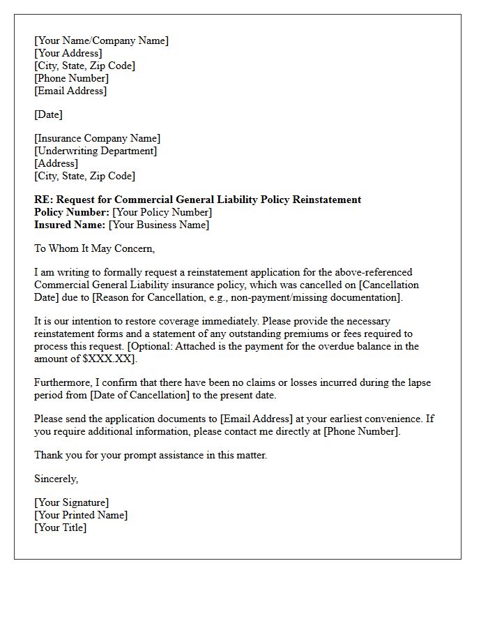 Commercial Liability Policy Reinstatement Application Request Letter