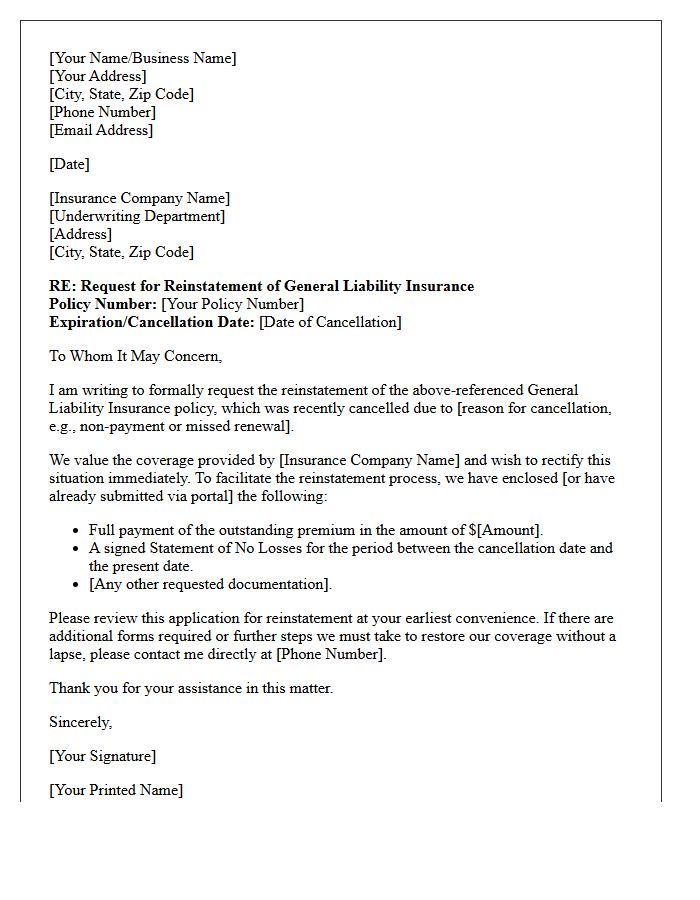 General Liability Insurance Reinstatement Application Request Letter