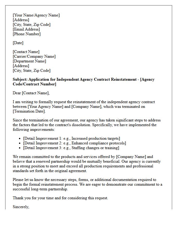 Independent Agency Contract Reinstatement Application Request Letter