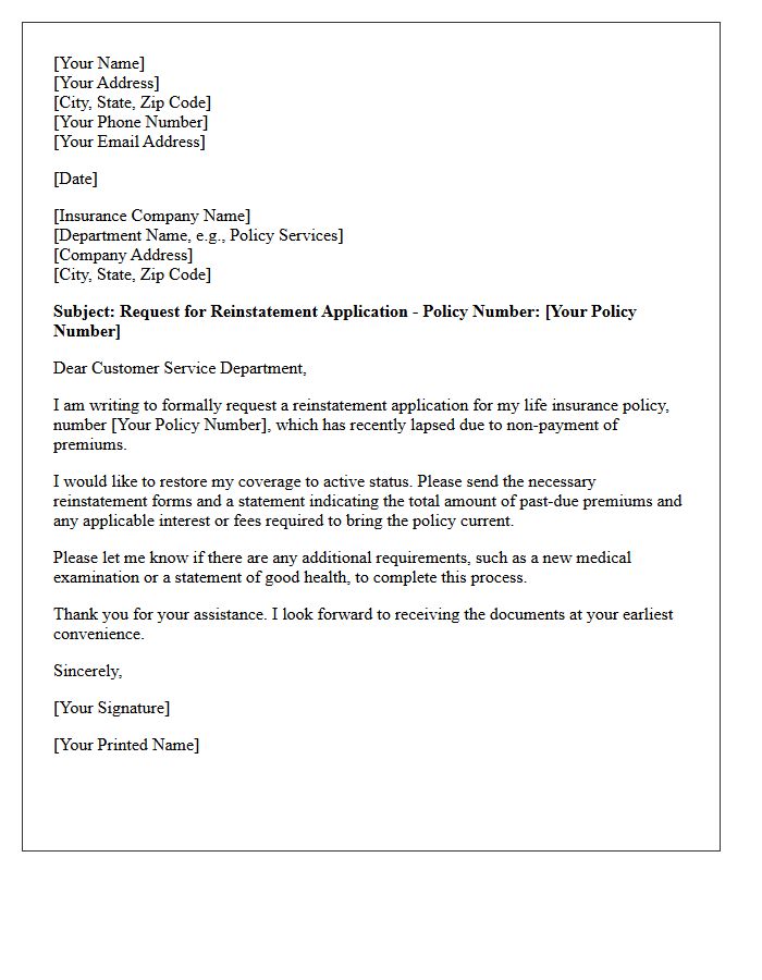 Lapsed Life Insurance Policy Reinstatement Application Request Letter