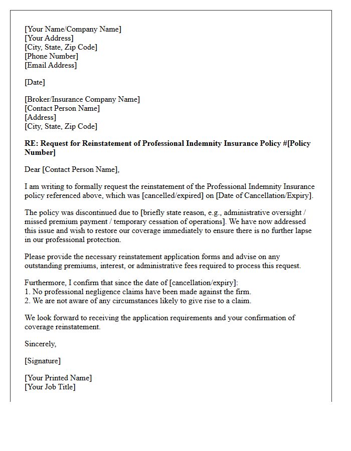 Professional Indemnity Insurance Reinstatement Application Request Letter