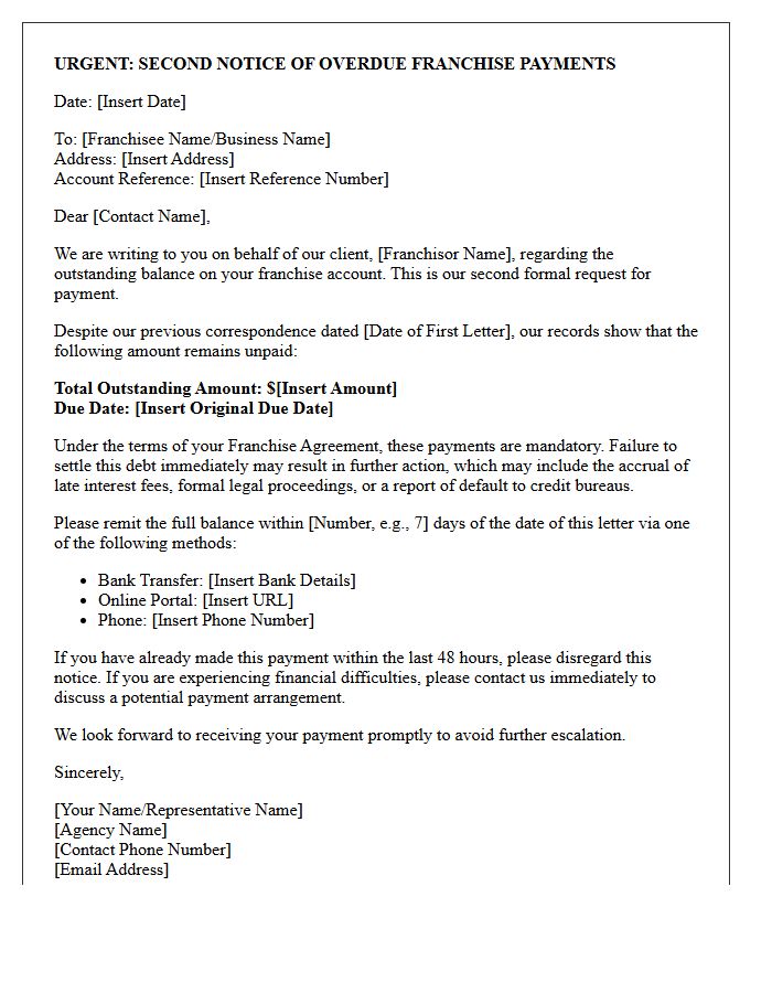 Agency Debt Recovery Second Letter For Franchise Payments