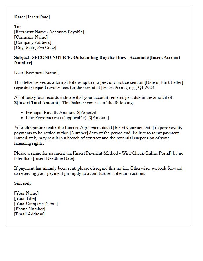 Commercial Debt Collection Second Letter For Royalty Dues