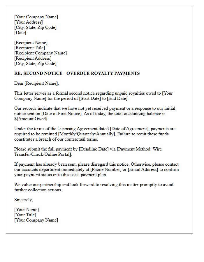 Corporate Collection Second Notice Letter For Unpaid Royalties