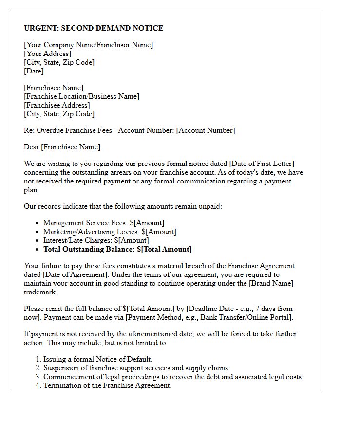 Debt Recovery Second Demand Letter For Franchise Arrears