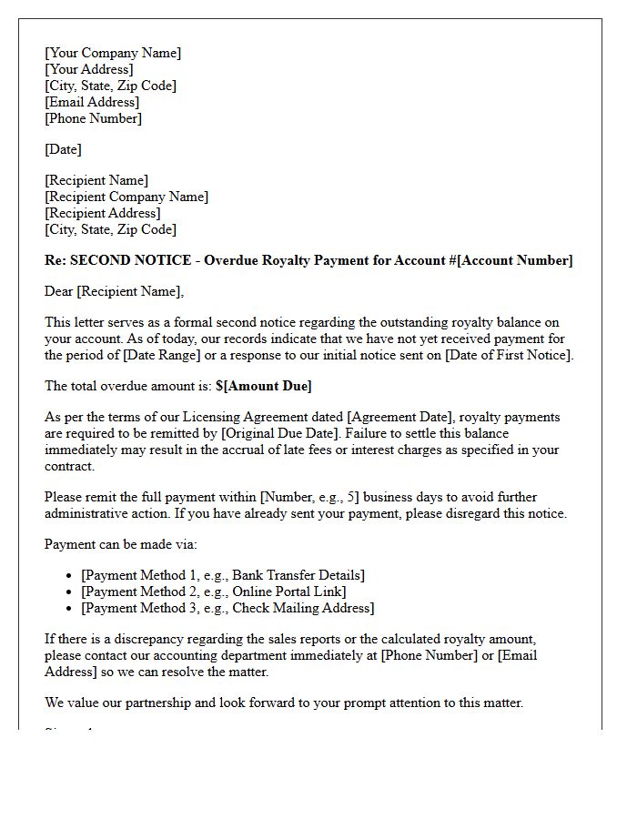 Formal Second Notice Letter For Delinquent Royalty Accounts