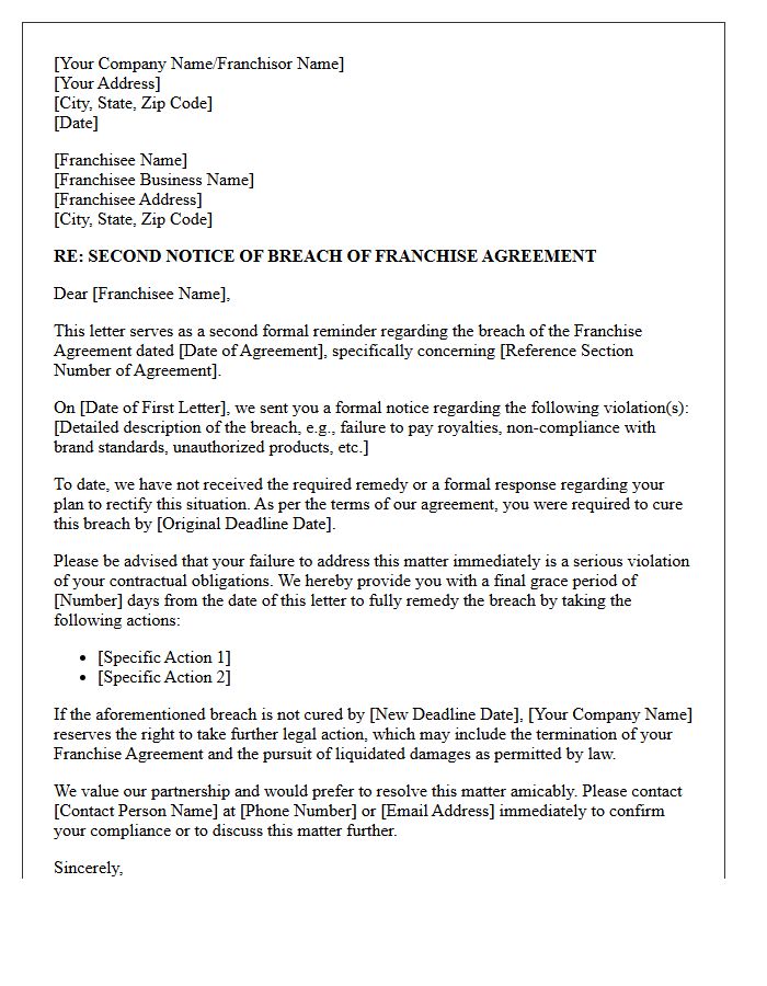 Franchise Agreement Breach Second Reminder Letter
